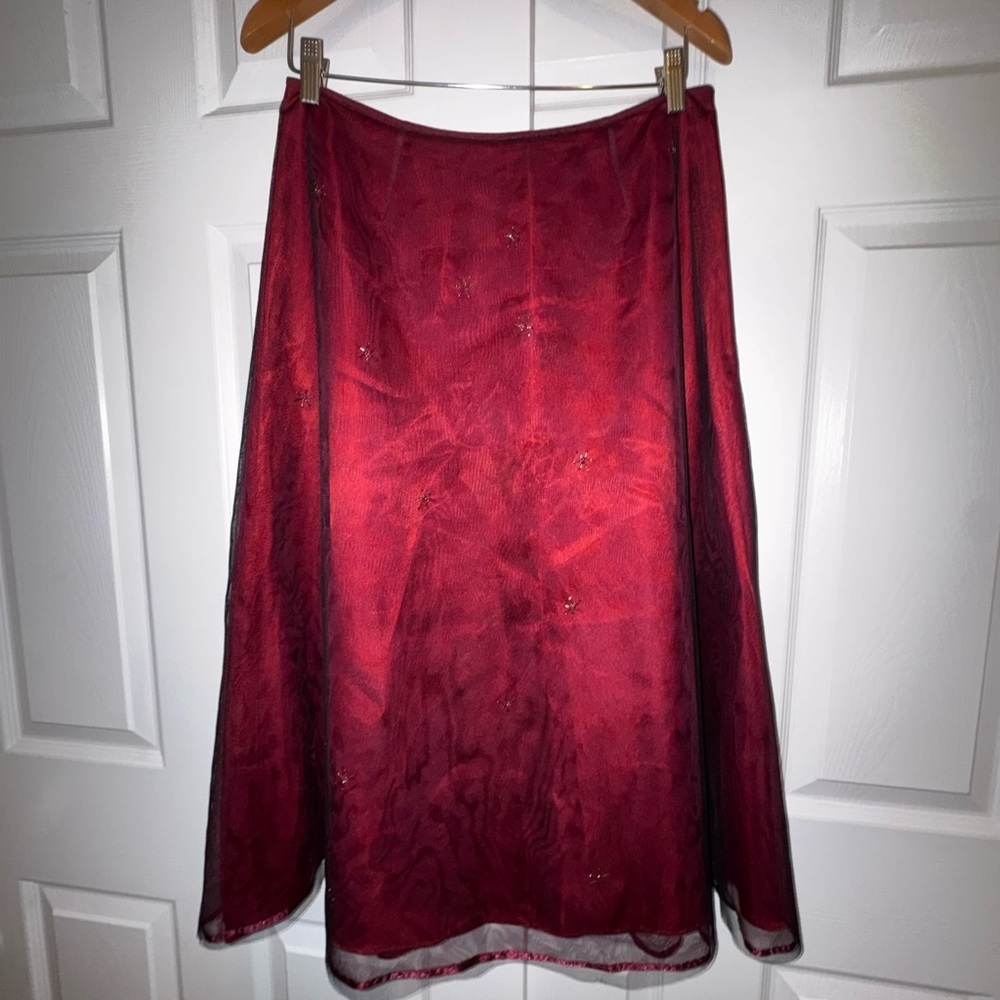 Express Y2K Sheer Mesh Midi Skirt Red Black Beaded Overlay